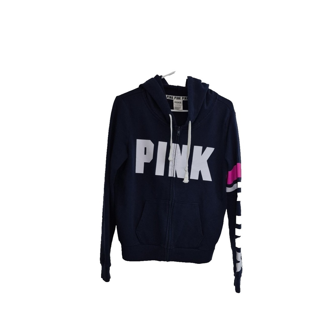 Victoria Secrets Pink Jacket M Blue Hoodie Pink Spell Out Long Sleeve Full Zip